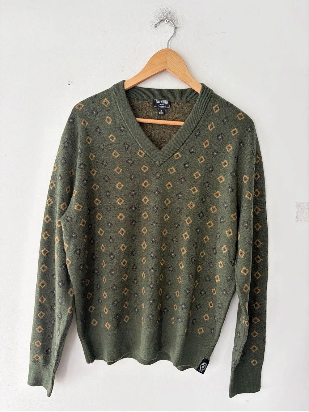 Todd Snyder Merino Wool Geometric V-Neck in Green Size Medium
